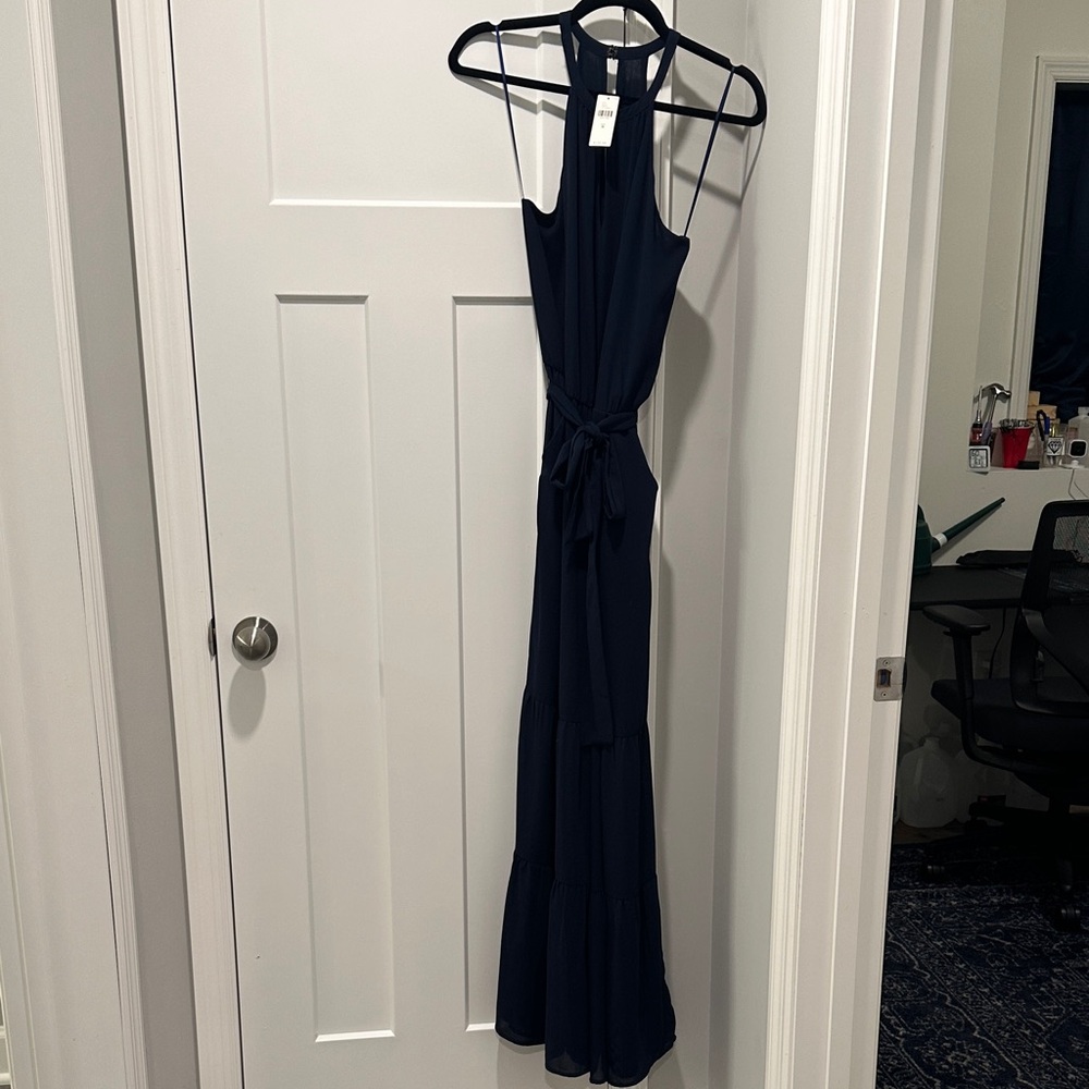 NWT Anthropologie navy tiered flare leg jumpsuit